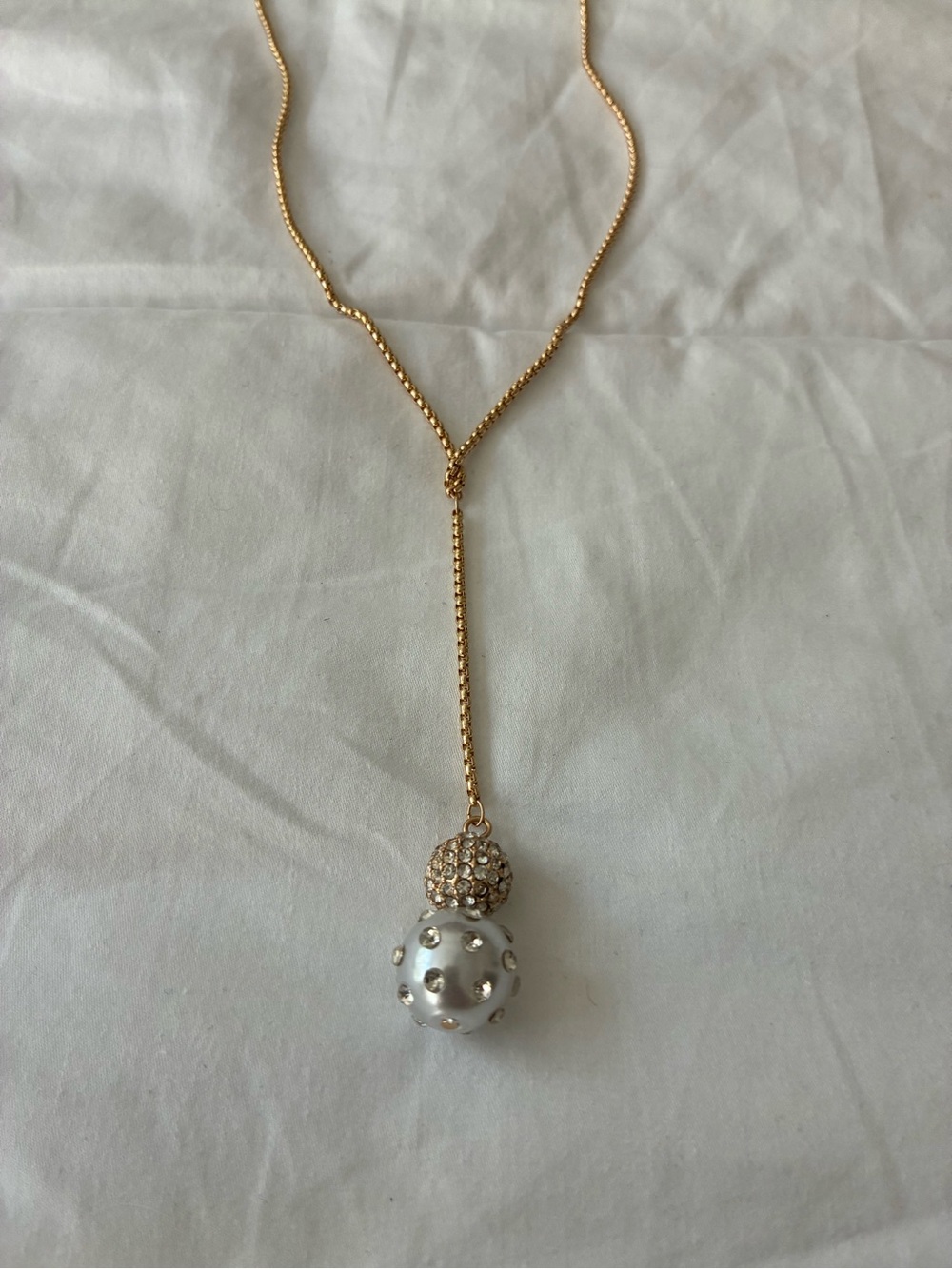 Natasha Couture Gold-Tone Y Necklace with White Pearled and Crystal Bead Drop